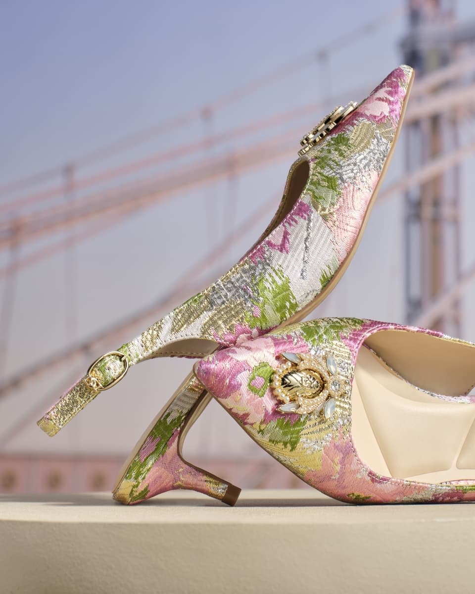 Dune Bug Embellished Kitten Heels in pink floral fabric